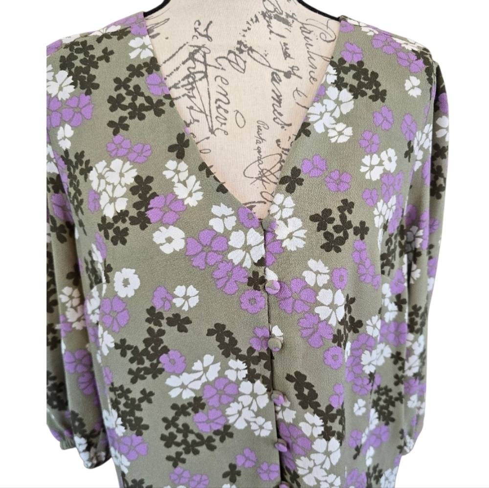 M & S Collectons Floral Lavender Olive Green 3/4 Sleeve Blouse 8 - Picture 5 of 12